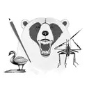 a bear, a swan, and a grasshopper against a backdrop of nature tattoo design idea