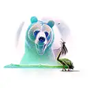 a bear, a swan, and a grasshopper against a backdrop of nature tattoo design idea