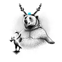 a bear, a swan, and a grasshopper against a backdrop of nature tattoo design idea