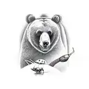 a bear, a swan, and a grasshopper against a backdrop of nature tattoo design idea