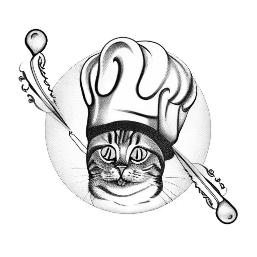 A whimsical blackwork tattoo of a cat wearing a chef's hat, holding a whisk and a rolling pin, surrounded by musical notes tattoo design idea