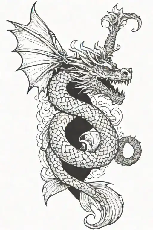 Dragon merging with a mermaid fin to symbolize strength and beauty tattoo design idea