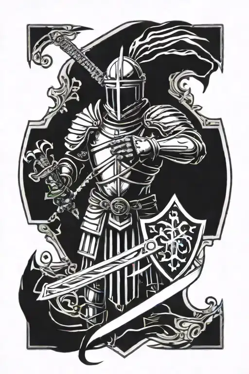 gothic knight holding sword and shield surrounded by arrows tattoo design idea
