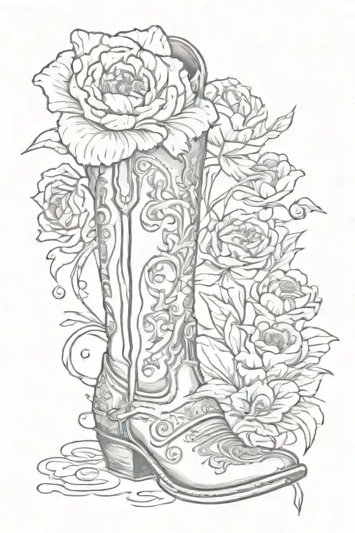 cowboy boot with a carnation, water lily, poppy, iris, daffodil, marigold, and aster flower growing out the top tattoo design idea