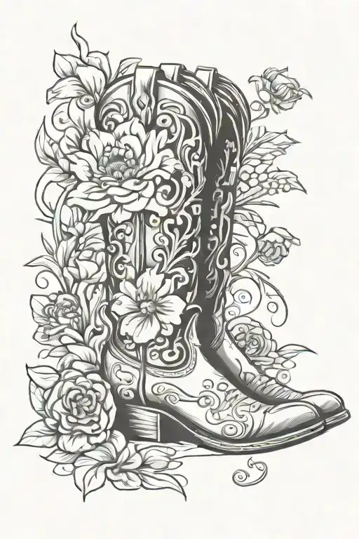 cowboy boot with a carnation, water lily, poppy, iris, daffodil, marigold, and aster flower growing out the top tattoo design idea