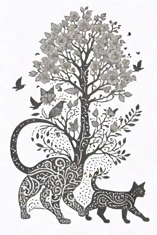 cat walking full body front view with birds and flowers and a tribal tree tattoo design idea
