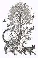 cat walking full body front view with birds and flowers and a tribal tree tattoo design idea