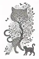 cat walking full body front view with birds and flowers and a tribal tree tattoo design idea