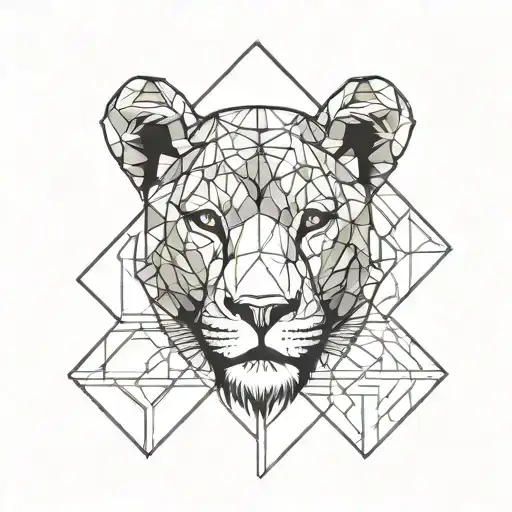 lioness facing forward (EN FACE!) very simple outline very geometric and very minimalistic tattoo design idea