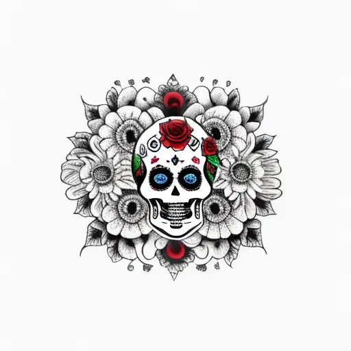 los muerto black and red with flowers tattoo design idea
