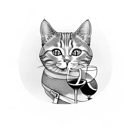 a cat and a glass of wine  tattoo design idea