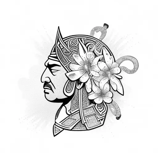 A powerful Maori warrior surrounded by delicate flowers, symbolizing the strength and beauty of your grandmother's memory tattoo design idea
