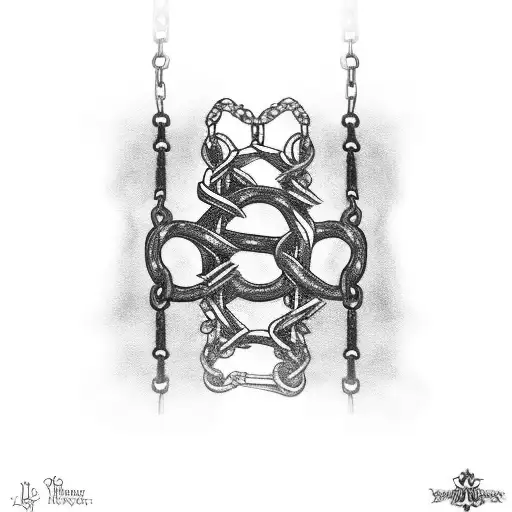 Black chains with "new chains, same shackles" in gothic blackwork font tattoo design idea