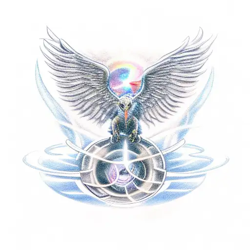  A Phoenix being reborn, a baby dumbo going through a moonbow and a tesla machine and a money magnet tattoo design idea