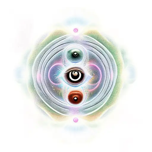 A Shiva linga surrounded by a halo of third eyes, with a power drum in the background tattoo design idea