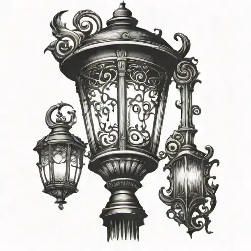 lamppost, gothic, lantern, flame tattoo design idea