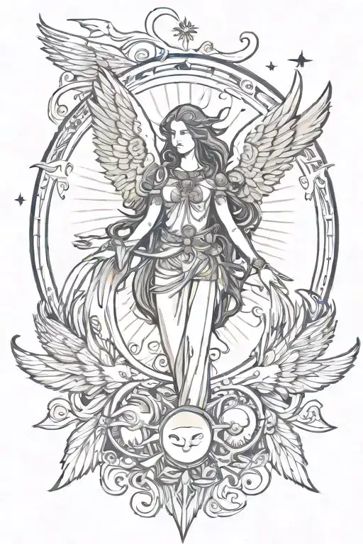 seraphim with eyes and wings and a sun and moon behind it  tattoo design idea