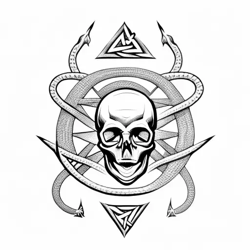  skull with a pentagram on the forehead with a snake surrounding it and with a crow flying in the background tattoo design idea