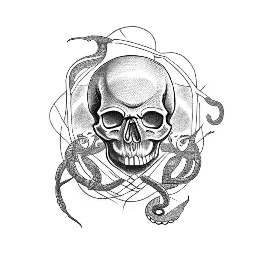  skull with a pentagram on the forehead with a snake surrounding it and with a crow flying in the background tattoo design idea