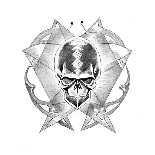  skull with a pentagram on the forehead with a snake surrounding it and with a crow flying in the background tattoo design idea