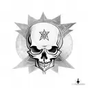  skull with a pentagram on the forehead with a snake surrounding it and with a crow flying in the background tattoo design idea