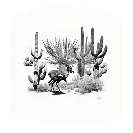 roadrunner and a moose walking in the arizona desert surrounded by saguaro cactus tattoo design idea