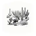 roadrunner and a moose walking in the arizona desert surrounded by saguaro cactus tattoo design idea