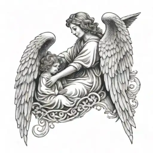 A dotwork tattoo design of a guardian angel watching over your children, with subtle details representing your family's bond and protection tattoo design idea