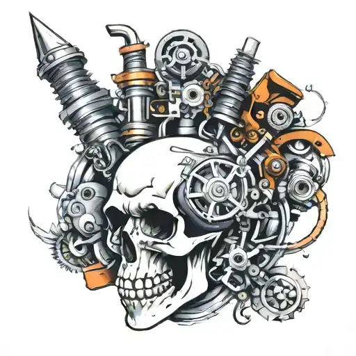 skull engine parts tattoo design idea