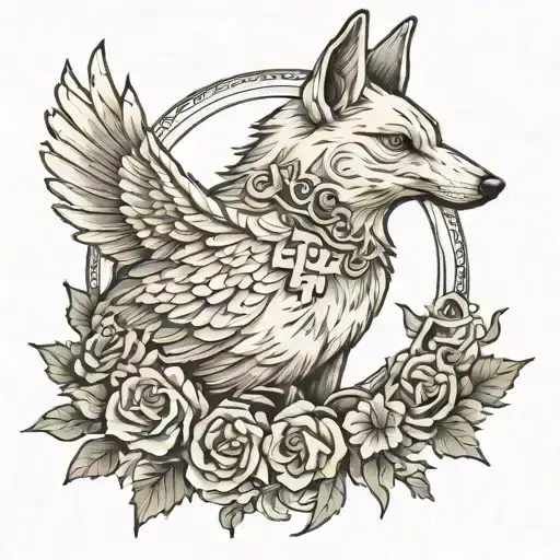 dove with cross and wolf howling tattoo design idea