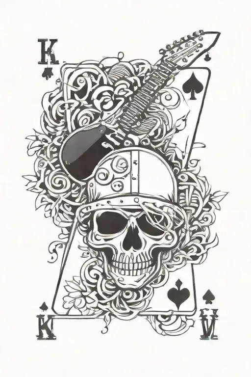 electric guitar leather jacket playing card king of spades poker chips dice, word "crash" in the middle tattoo design idea