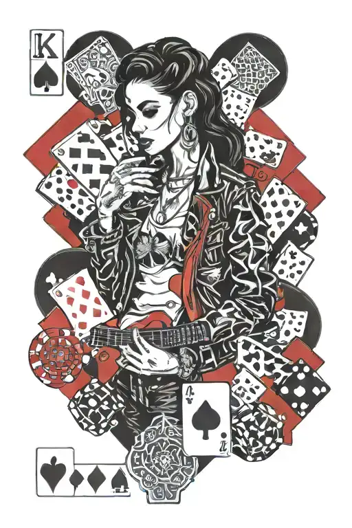 kehlani crash leather jacket with red guitar surrounded by playing cards poker chips and dice tattoo design idea