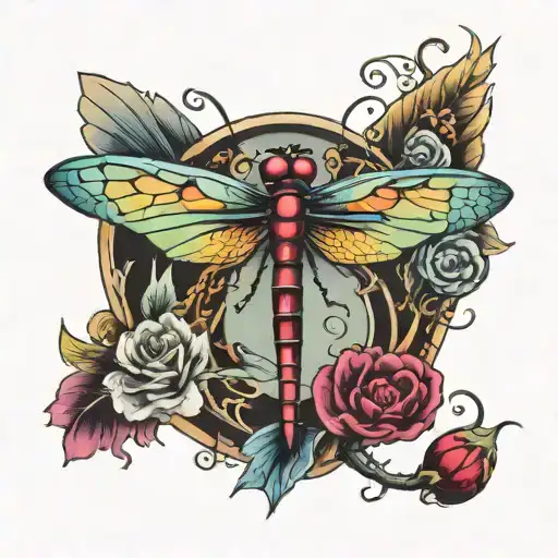 colorful dragonfly with a Ruby heart inside tattoo design idea