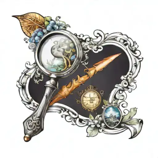 A whimsical design of a magnifying glass revealing hidden treasures and symbols tattoo design idea