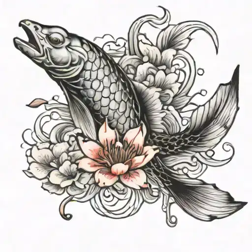 making a tattoo design with koi fish and cherry blossoms and water and red spider lily tattoo design idea