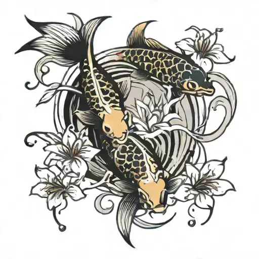 making a tattoo design with 2 koi fish and cherry blossoms scattered and flowing water waves and red spider lily. tattoo design idea