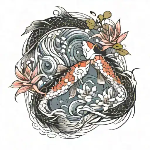  2 koi fish and cherry blossoms scattered and flowing water waves and red spider lily. big thigh tattoo tattoo design idea