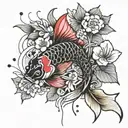 making a tattoo design with koi fish and cherry blossoms and water and red spider lily tattoo design idea