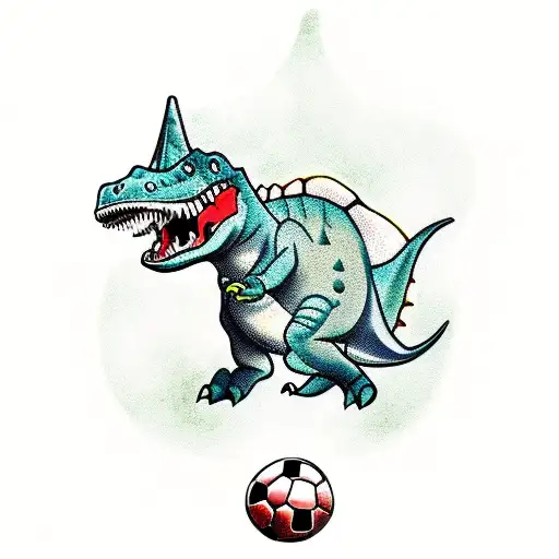 cute dinosaur kicking a soccer ball tattoo design idea