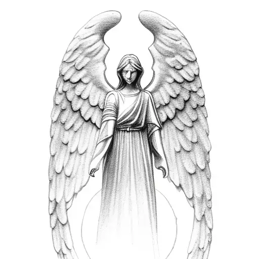 faceless angel with the inscription guardian angel you are with me, I am ahead a tattoo design idea