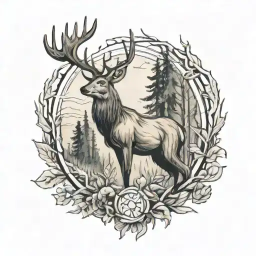 hunting deer forest surrounded tattoo design idea