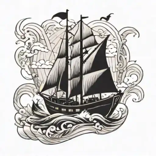 boat with sails with father, son and daughter  tattoo design idea