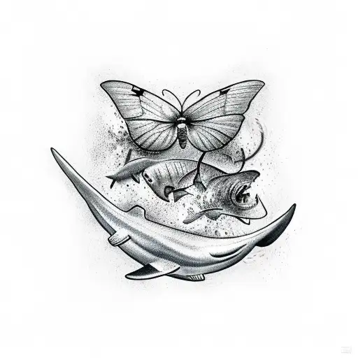 Hebrew word that says patience with 2 butterflies flying around the word and a hammer head shark wrapped around the end tattoo design idea