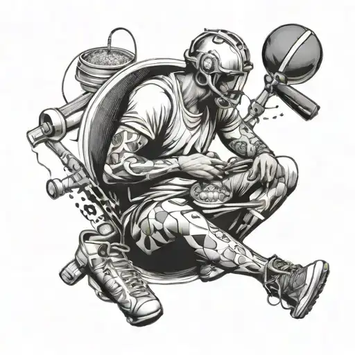 Create a tattoo of a person eating while surrounded by sports equipment and veterinary tools tattoo design idea