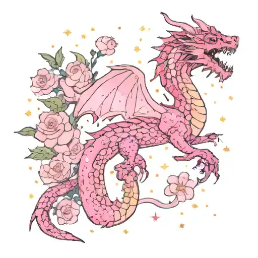 Red Dragon with pink gladioulous flowers surrounding and the Leo constellation behind it but the stars are pink reddish tattoo design idea