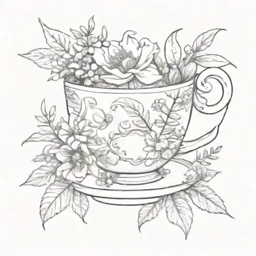 A tattoo of a teacup surrounded by various plants and flowers tattoo design idea