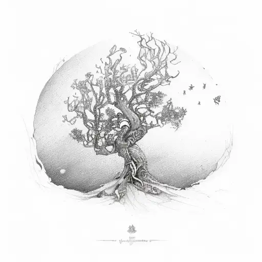 un arbre de vie discret et réaliste avec des symboles vikings en haut et en bas tattoo design idea