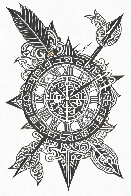clock with an arrow as a clock hand with multiple paths that look like a road on the background  tattoo design idea