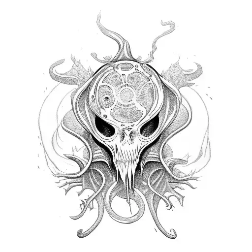 hooded robed full body lovecraftian figure tattoo design idea