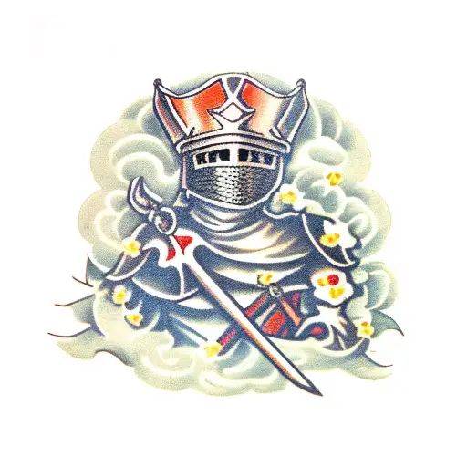 medival knight with flowers tattoo design idea